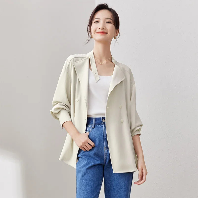 SENTUBILA Double Breasted Blazer/Loose Fit Shacket Chic And Elegant Woman Long Sleeve Shirt