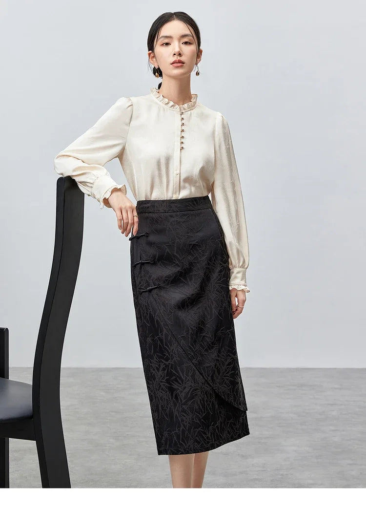 SENTUBILA Elegant Jacquard Shirt Chiffon Ruffles Sleeve Single Breasted Blouses