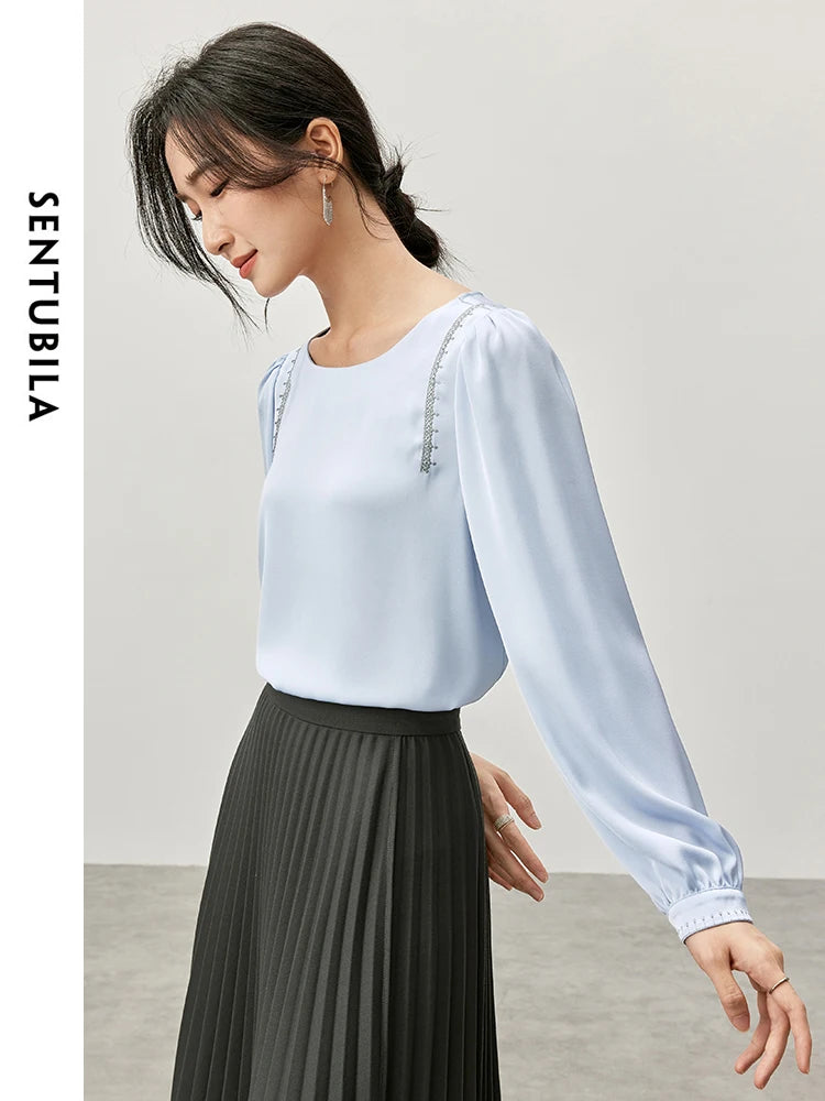 SENTUBILA Spliced Embroidery Blouse Chiffon Straight Crew Neck Puff Sleeve Texture