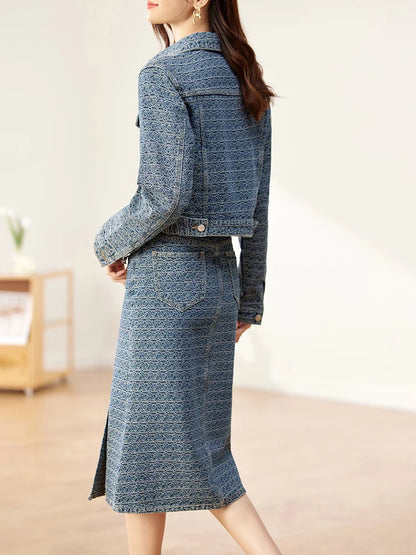 SENTUBILA 2-Piece Jacquard Denim Sets Elegant Women Jean Jacket Slit Skirt Matching Set