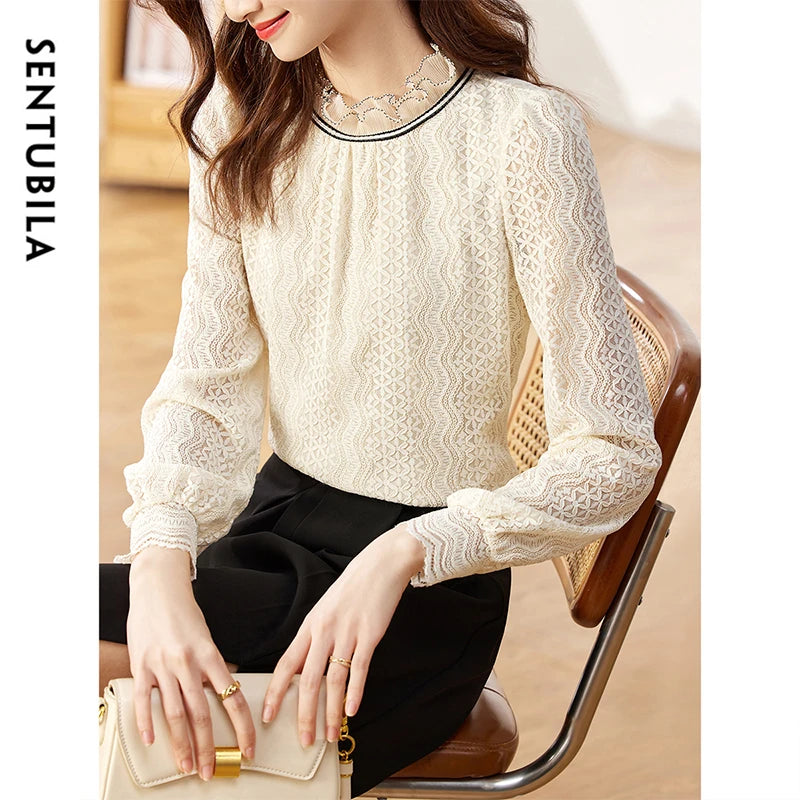 SENTUBILA Office Lace Blouse Elegant Spliced Ruffles Neck Lantern Sleeve