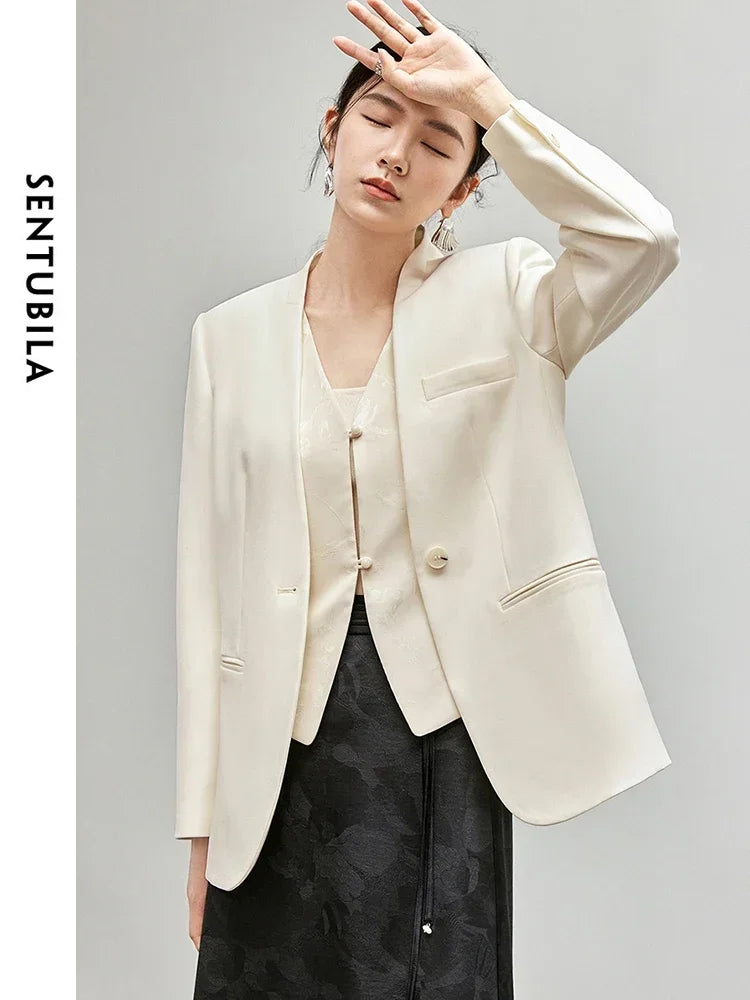 SENTUBILA Office Blazer Loose Solid V Neck Comfort Women