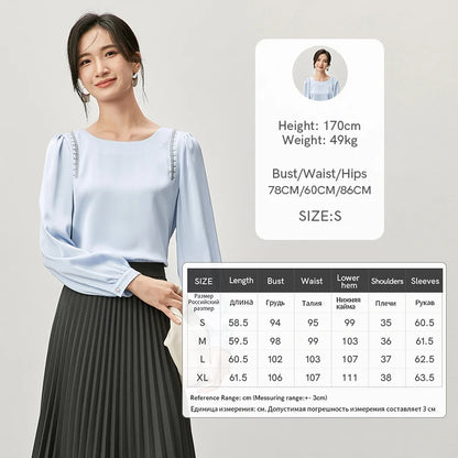 SENTUBILA Spliced Embroidery Blouse Chiffon Straight Crew Neck Puff Sleeve Texture