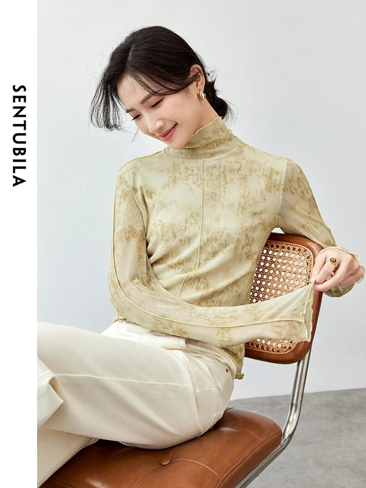 SENTUBILA Women Print Lace Knitted Turtleneck Long Sleeve Knit Top