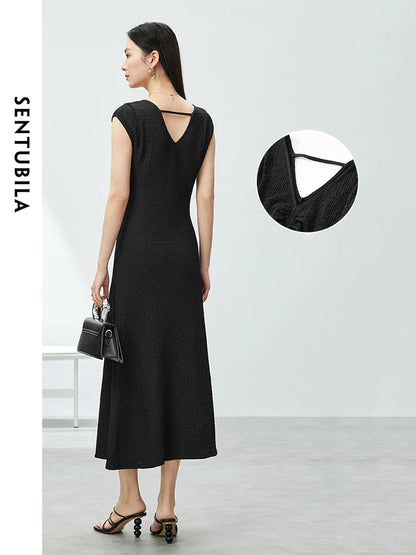 SENTUBILA Women V-Neck Shirring Long Tank Dress 2024 Summer Elegant Fashion Sleeveless A-line Knitted Dresses Woman 142L54118