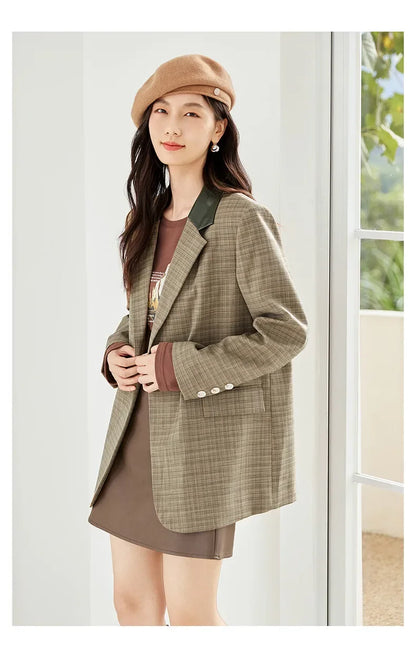 SENTUBILA Patchwork Plaid Blazer Fashion Vintage Notched Neck Double Breasted