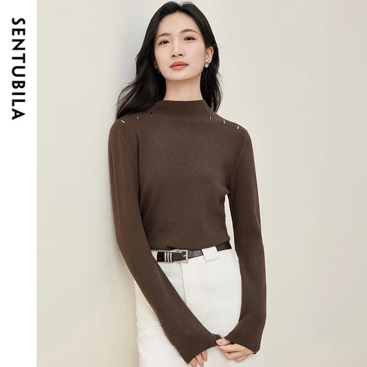 SENTUBILA Knit Pullover Sweater New Spring 2025 Slim Half High Collar