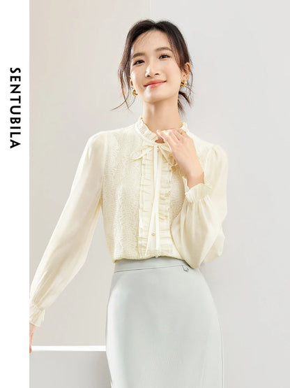 SENTUBIL Lace-up Ruffled Lace Blouse Elegant Button Up Blouse