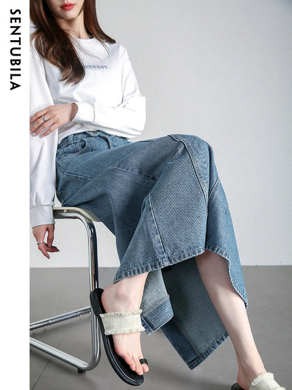 SENTUBILA High Waist Straight Split A-line Long Denim Skirts Retro Jean Maxi Skirt