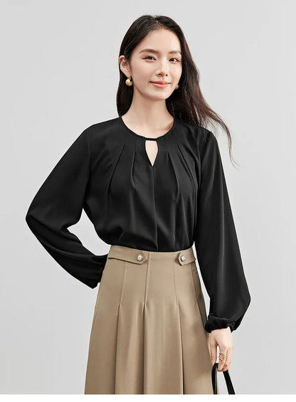 SENTUBILA Hollow-out Blouses French Style Chiffon Crew Neck Folds Lantern