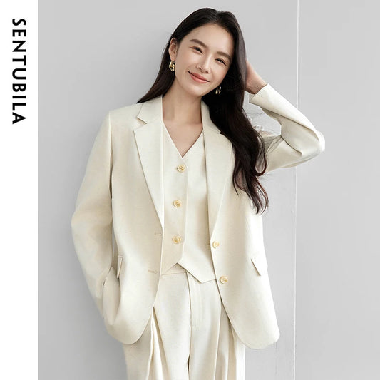 SENTUBILA Straight Linen Blazer Single Breasted Outerwear