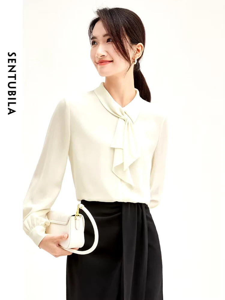 SENTUBILA Elegant Bow Neck Chiffon Blouse