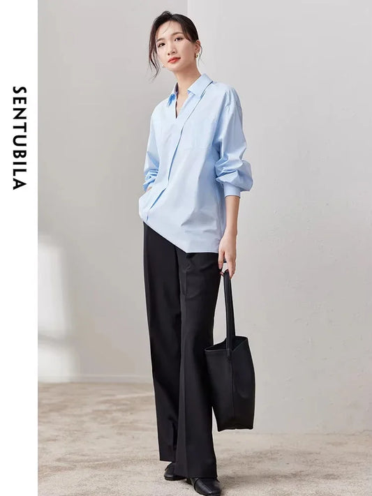 SENTUBILA Comfortable 100% Cotton Blue Shirt