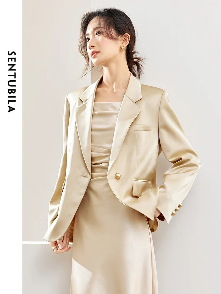 SENTUBILA Satin Blazer Notched Tailored Suit Jacket