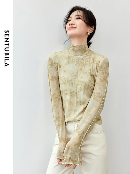 SENTUBILA Women Print Lace Knitted Turtleneck Long Sleeve Knit Top