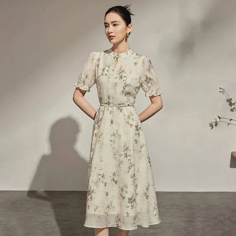 SENTUBILA Printed Butterfly Sleeve Midi Dress for Women 2024 Summer Chinese Style Stand Collar A-line Elegant Dresses 142L54263