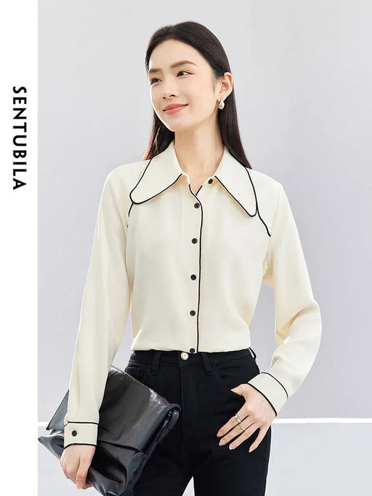 SENTUBILA Fashion Contrast Polo Collar Shirt Elegant Button Up Blouse