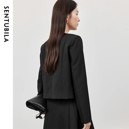 SENTUBILA Cropped Tailored Straight Texture V Neck Long Sleeve Single Breasted Blazer