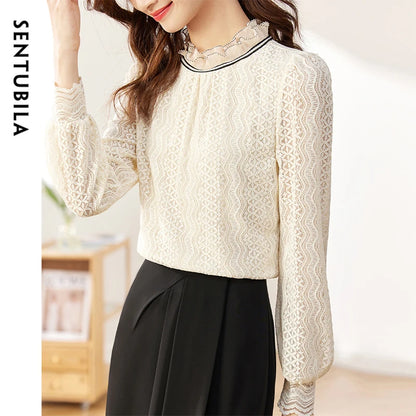 SENTUBILA Office Lace Blouse Elegant Spliced Ruffles Neck Lantern Sleeve