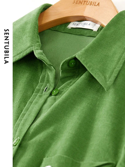 SENTUBILA Cotton Corduroy Shirt Lapel Single Breasted Green Loose Blouse