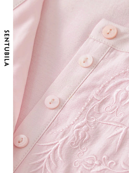 SENTUBILA Embroidery Pink Chiffon Shirts Blouse