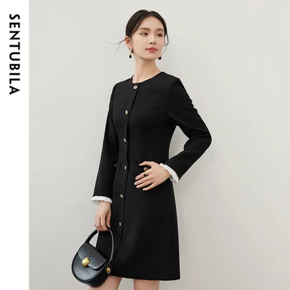 SENTUBILA Spliced Mini Black Buttons Front Long Sleeve Fitted Evening Dress