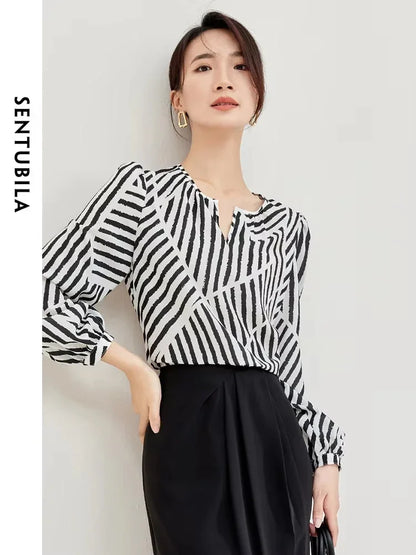 SENTUBILA Women Elegant Print Chiffon Blouses Striped Round Neck Puff Sleeve