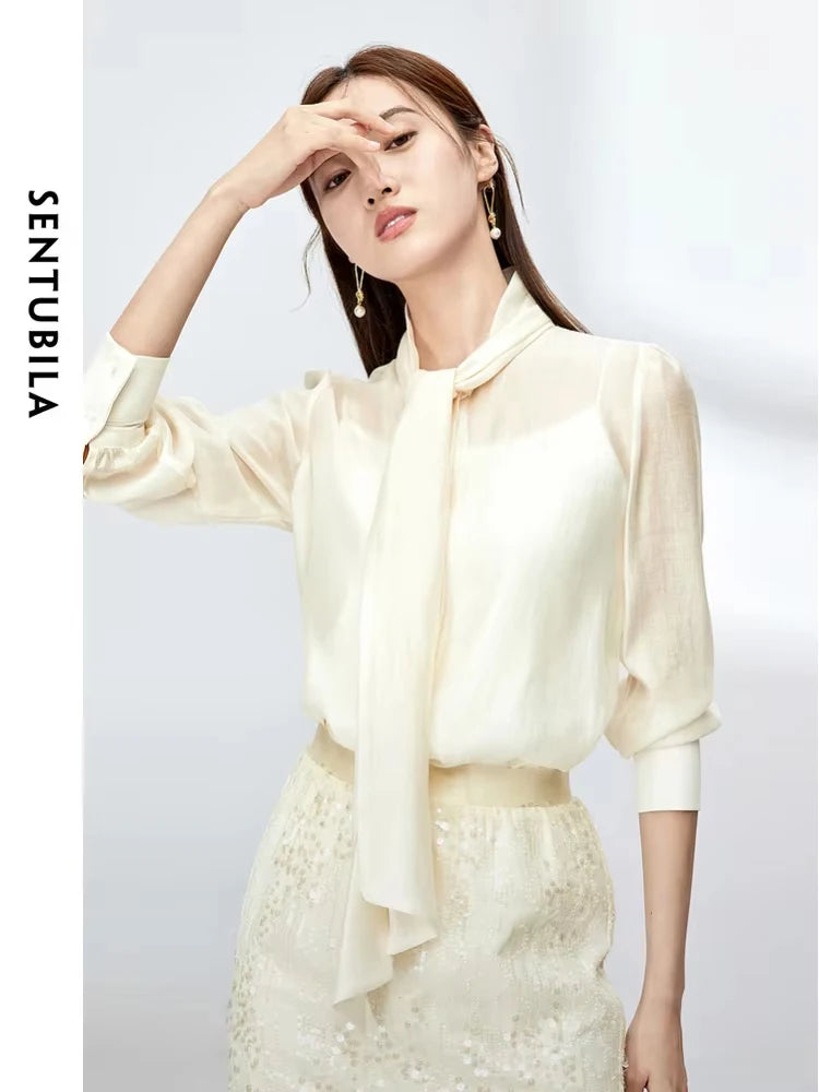 SENTUBILA Elegant Bow Tie Neck Long Sleeve Blouse Shirt Office Lady Fashion Womens Lyocell Blend Tops and Blouse