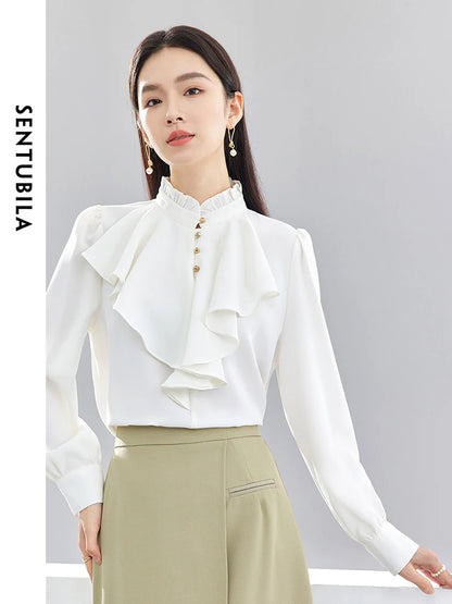 SENTUBILA Ruffles Chiffon White Shirts Spring Autumn Elegant Ruffled Collar