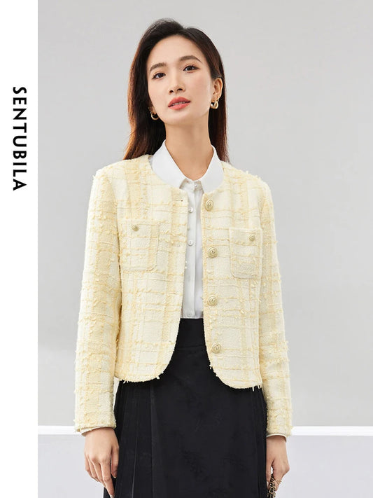 SENTUBILA Cropped Tweed Jacket 2025 Single Breasted Short Coat