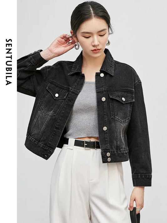 SENTUBILA Vintage Black Denim Jacket Drop Sleeve Short Denim Coat