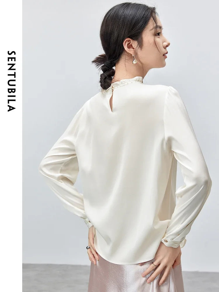 SENTUBILA Folds Satin Detail Blouse Autumn Chiffon Elegant Ruffled Long Sleeve Pullover