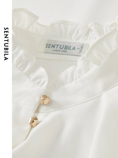 SENTUBILA Ruffles Chiffon White Shirts Spring Autumn Elegant Ruffled Collar