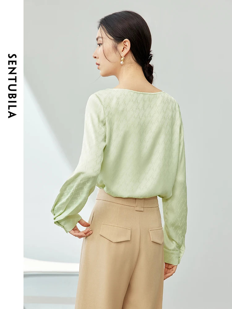 SENTUBILA Green Letter Jacquard Chiffon Blouse