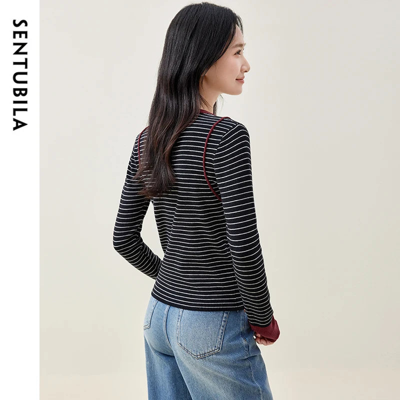 SENTUBILA Spliced Striped Knitted Retro Style O Neck Long Sleeve Cozy Slim Fit Knitwear