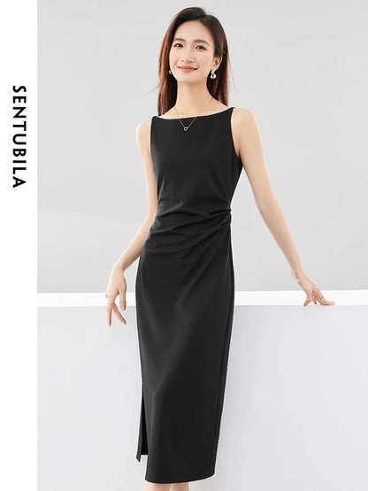 SENTUBILA Simple Party Black Midi Dress Women 2024 Spring Autumn Slim Temperament Slash Neck Sleeveless Lady Dresses Q33L52443