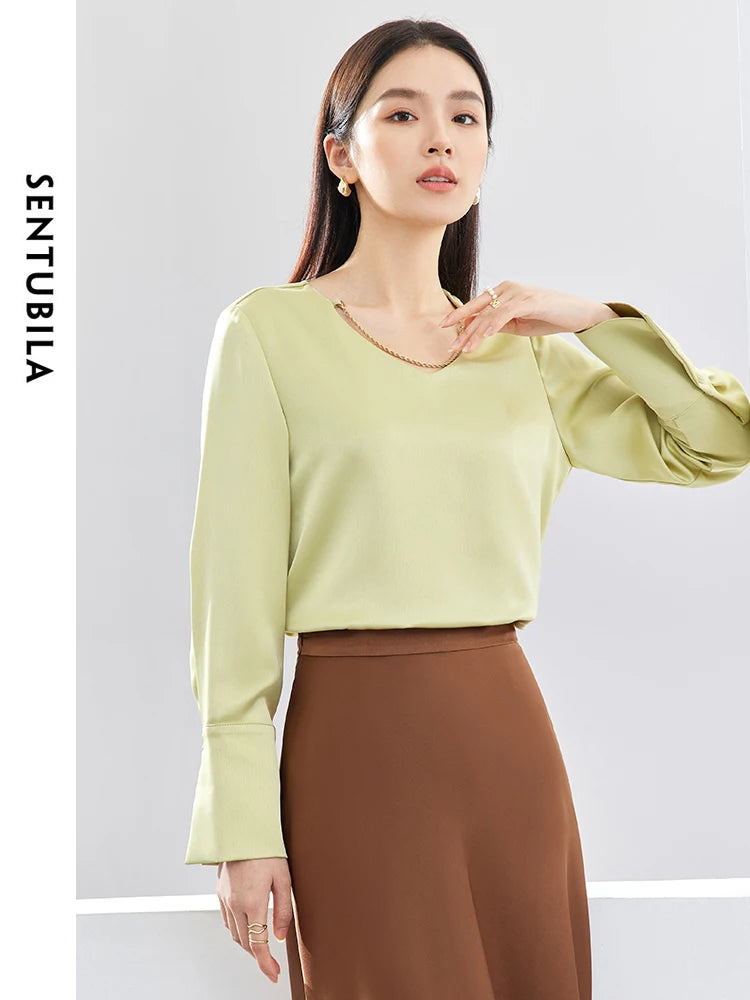 SENTUBILA Green Satin Blouse Elegant Chain V Neck Long Sleeve Simple