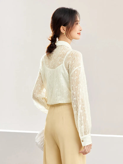 SENTUBILA Jacquard Lace Shirts 2-Piece Set Elegant Long Sleeve Tops Button Up Shirts Camisole