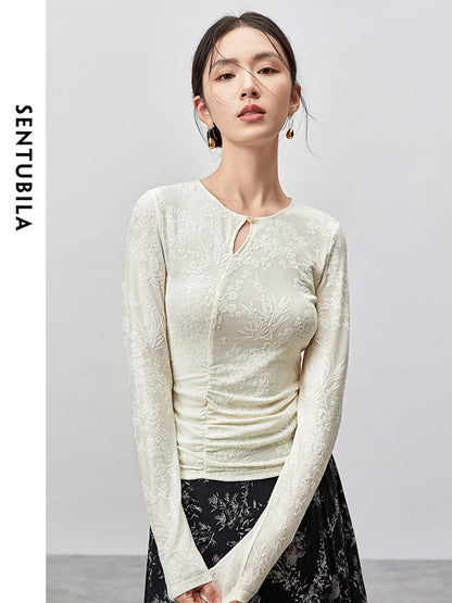 SENTUBILA Jacquard Hollow Out Lace T-shirt Chinese Style Elegant O Neck Long Sleeve Folds Pullover