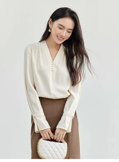 SENTUBILA Chiffon Blouse Women's New Spring 2025 Flare Sleeve Folds Pearl