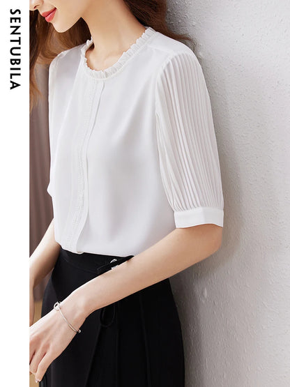 SENTUBILA Summer Chiffon White Shirt Pleated Short Sleeve Elegant Basic Shirts & Blouse