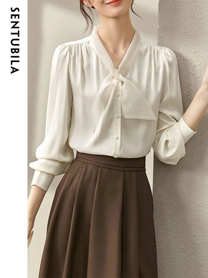 SENTUBILA Elegant Bow Neck Chiffon Blouse Apricot Button Up