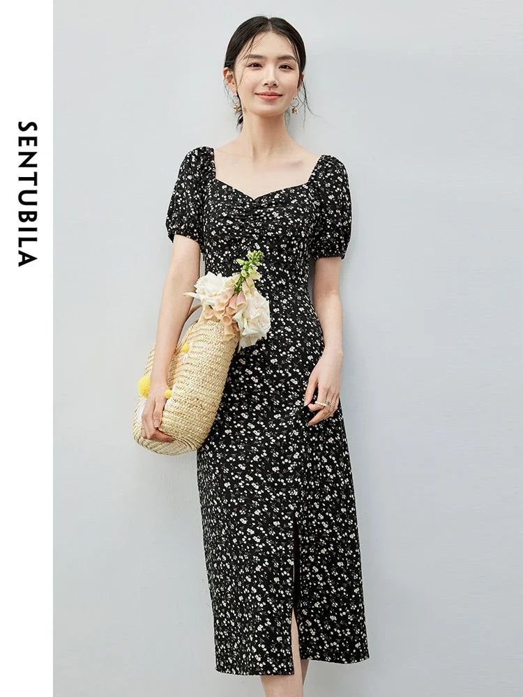 SENTUBILA Women Straight Print Dress   2024 Summer Diamond Collar Slit-hem Short Sleeve Floral Dress Holiday Dress 142L54849