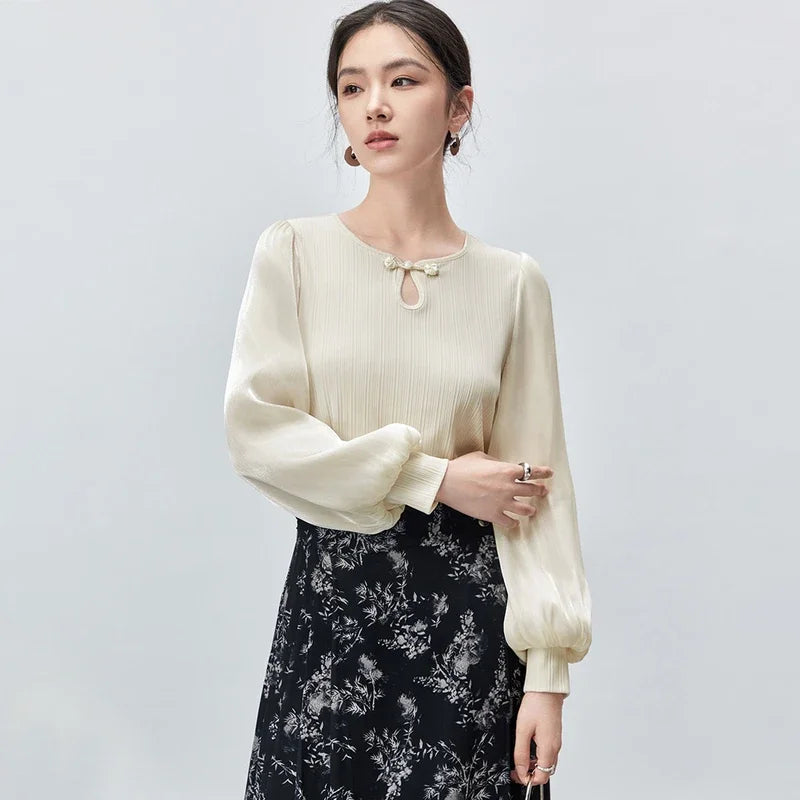 SENTUBILA Hollow Out U Collar Blouse Women 2024 Autumn Chiffon Casual patchwork Lantern Sleeve Elegant Pullover Shirt