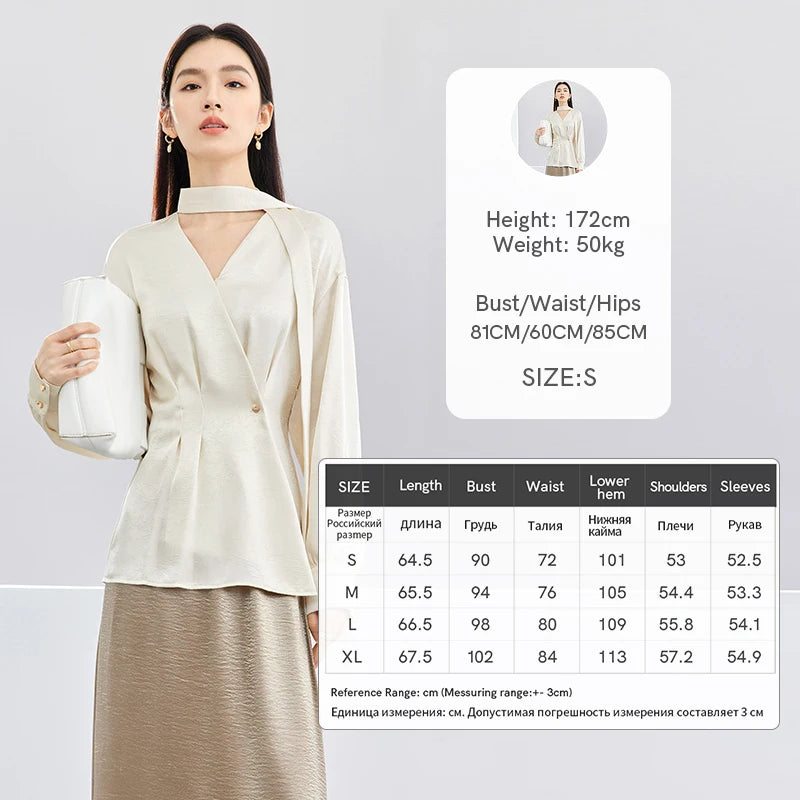 SENTUBILA Texture Satin Blouse Chiffon V Neck Long Sleeve Folds Metal Button