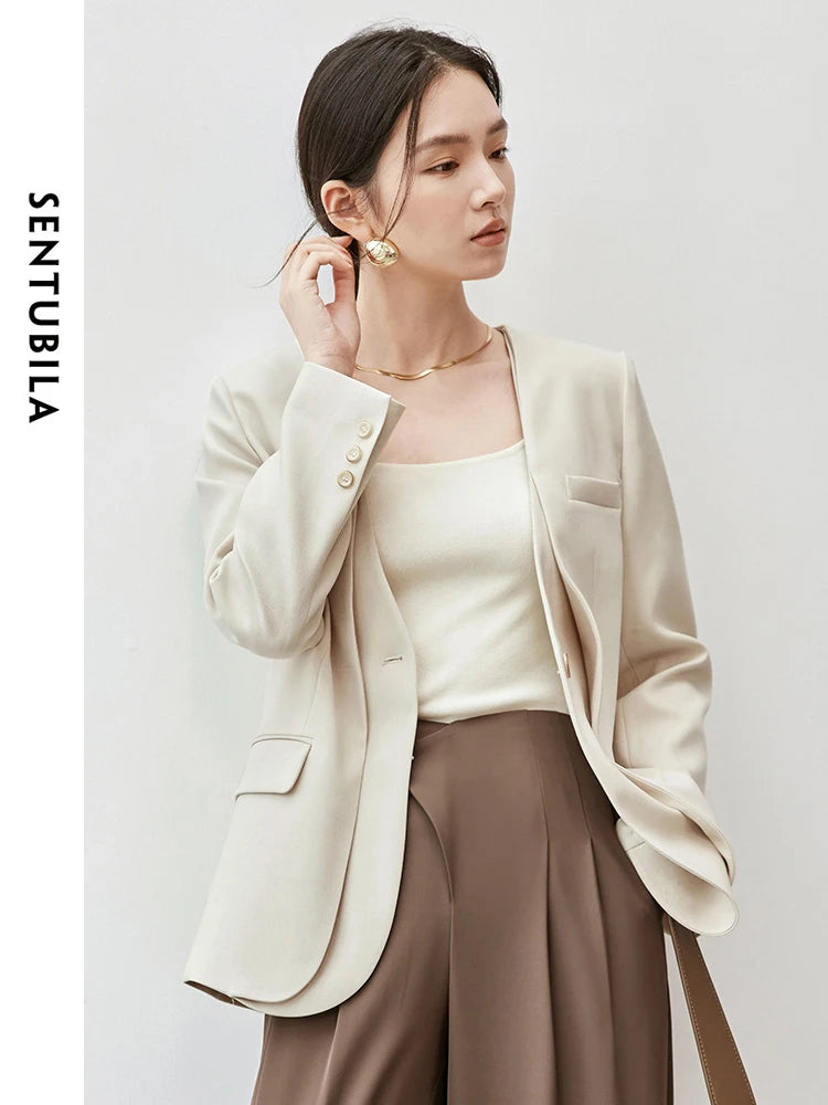 SENTUBILA Loose Blazers V Neck Single Button