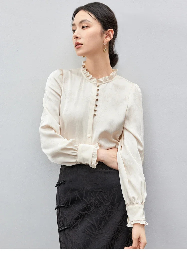 SENTUBILA Elegant Jacquard Shirt Chiffon Ruffles Sleeve Single Breasted Blouses