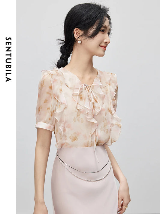 SENTUBILA Lace-up V-neck Printed Chiffon Elegant Blouse