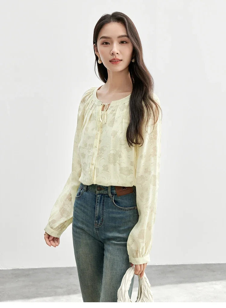 SENTUBILA Printing Women Blouse Hollow-out Lace-up O Collar Lantern Sleeve