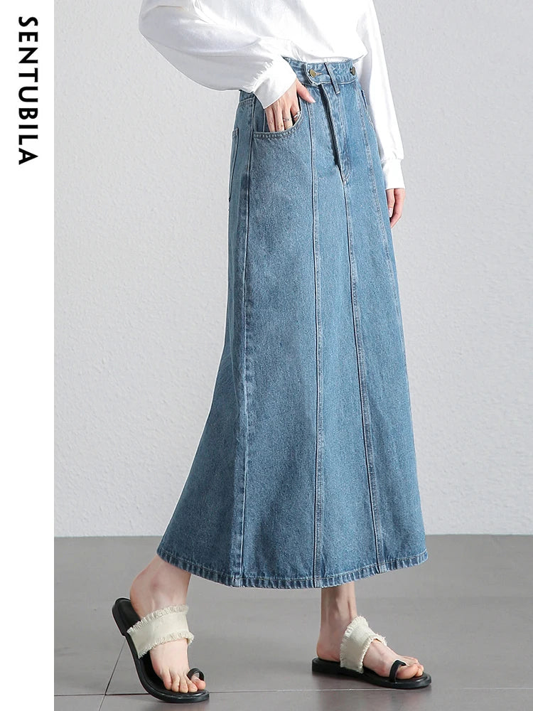 SENTUBILA High Waist Straight Split A-line Long Denim Skirts Retro Jean Maxi Skirt